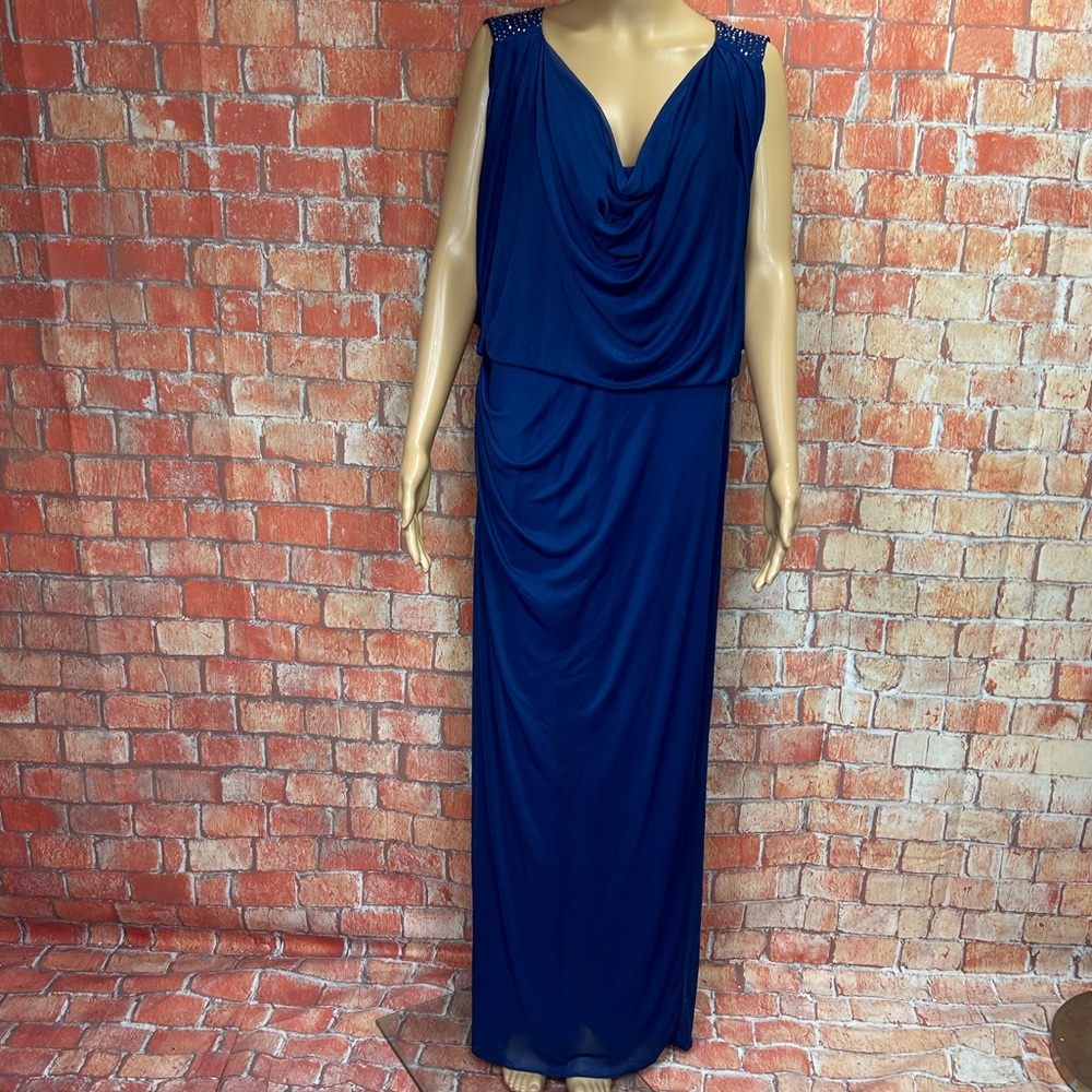 Onyx Nite‎ Blue Beaded Cowl Neck Chiffon Maxi Dress